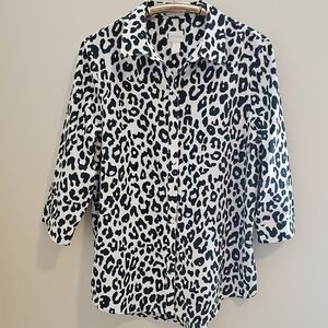 Leopard Print Button-Up Shirt - Black & White Chicos 3 (XL) NO IRON
